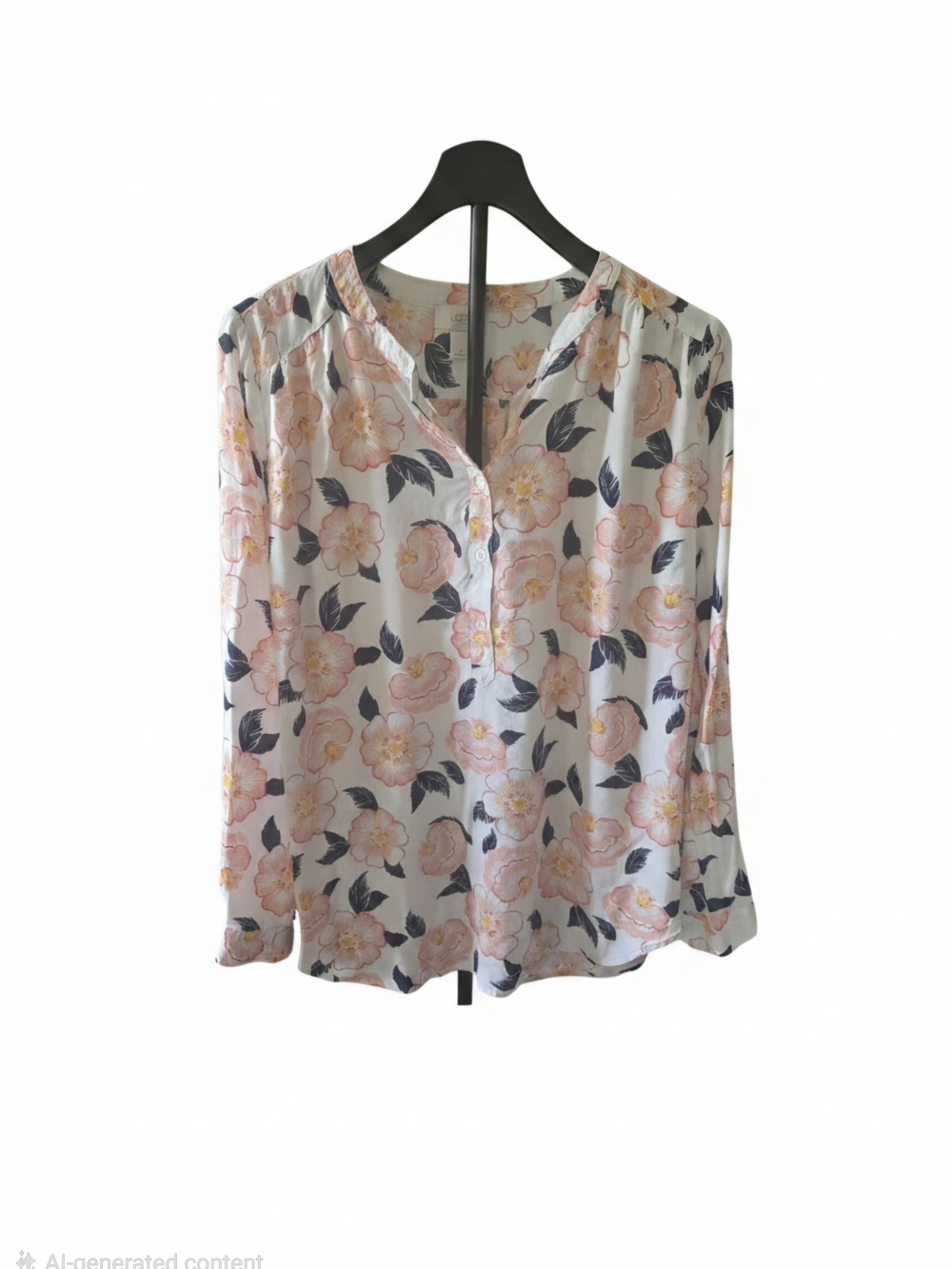 LOFT White Blouse with Pink Floral Print and Navy Leaves